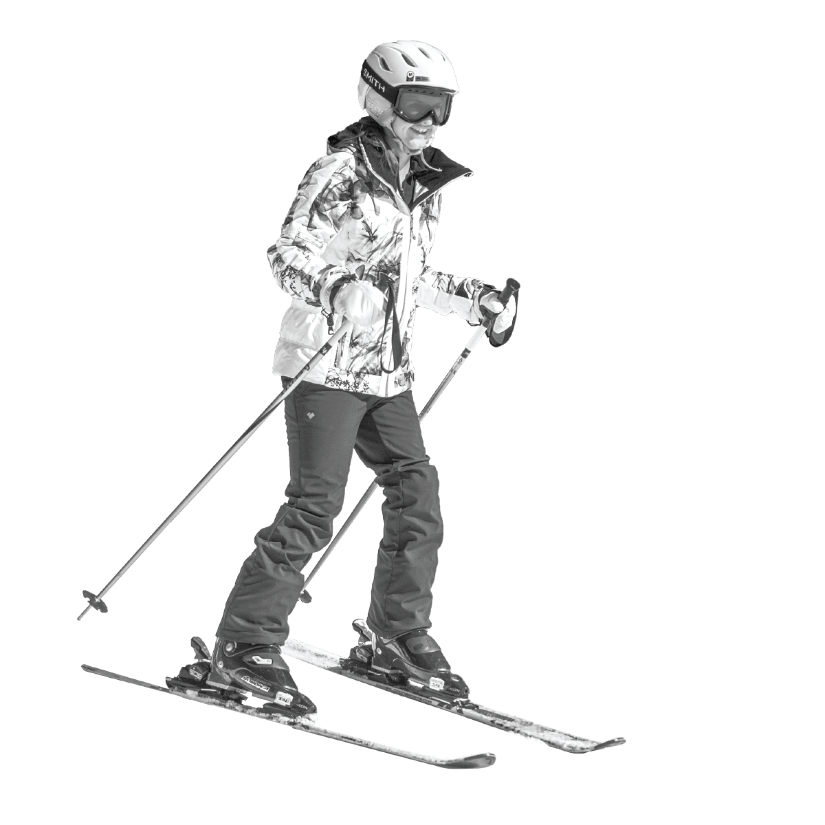 Girl snow skiing in black and white