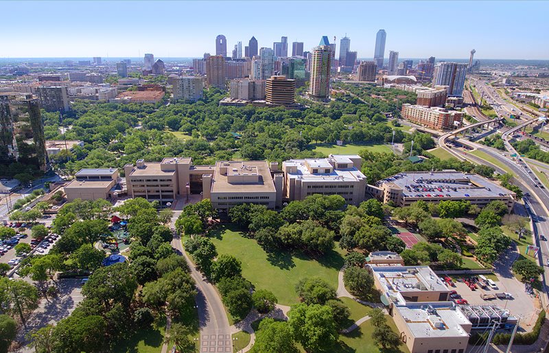 Aerial view of Texas Scottish Rite Hospital for Children and downtown Dallas